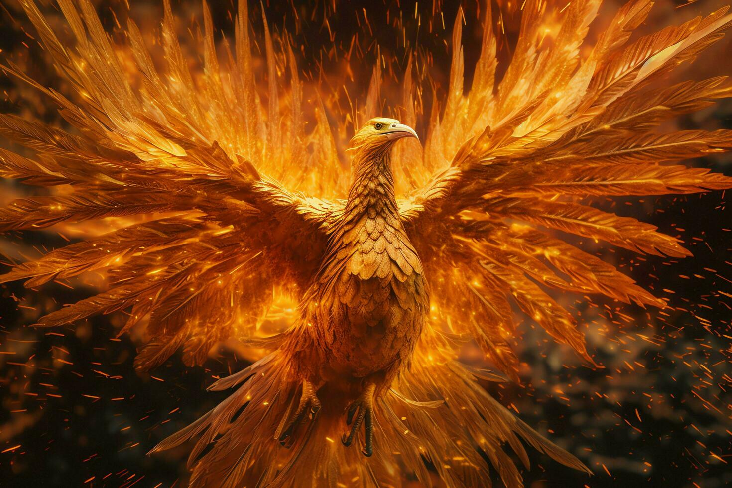 Feniks vogel met uitgestrekt Vleugels stijgende lijn brandend in vlammen. episch Feniks vogel brand wedergeboorte macht concept door ai gegenereerd foto