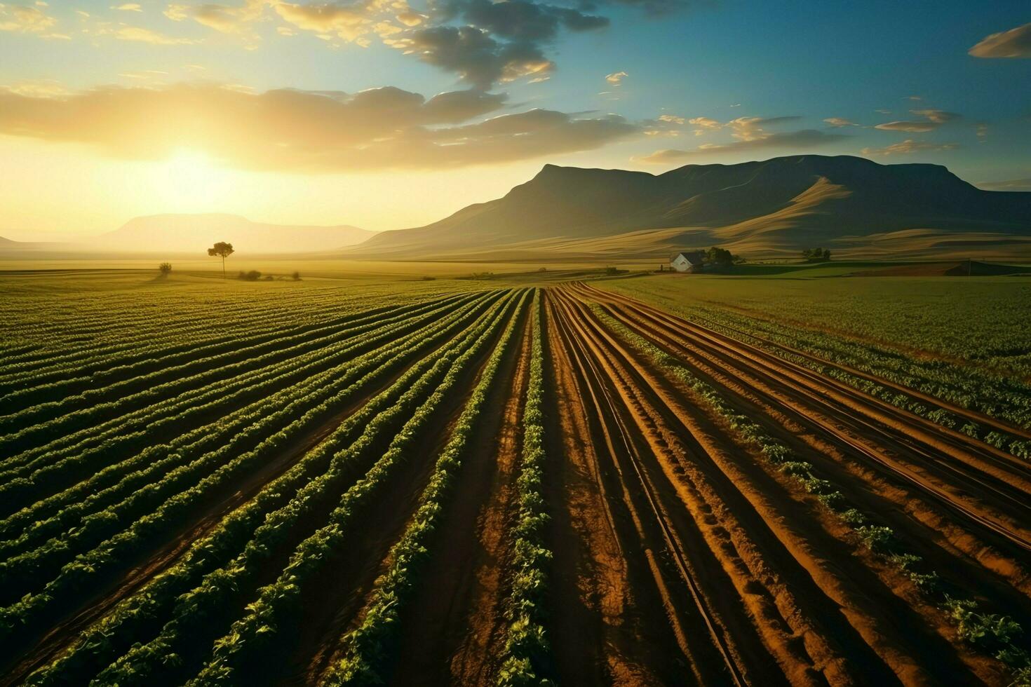 mooi visie van een thee veld- plantage, wijngaard boerderij of aardbei tuin in de groen heuvels Bij zonsopkomst concept door ai gegenereerd foto