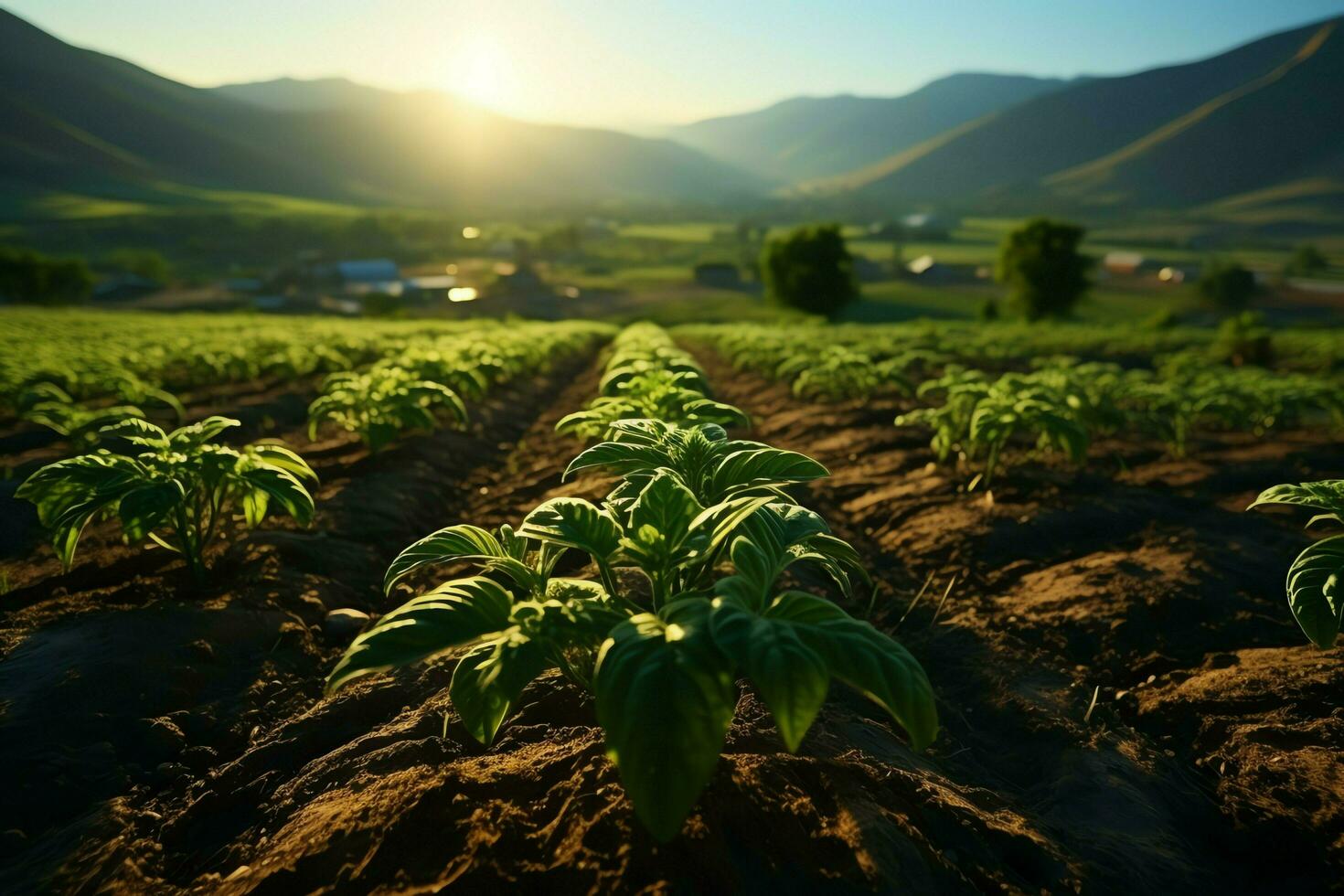 mooi visie van een thee veld- plantage, wijngaard boerderij of aardbei tuin in de groen heuvels Bij zonsopkomst concept door ai gegenereerd foto