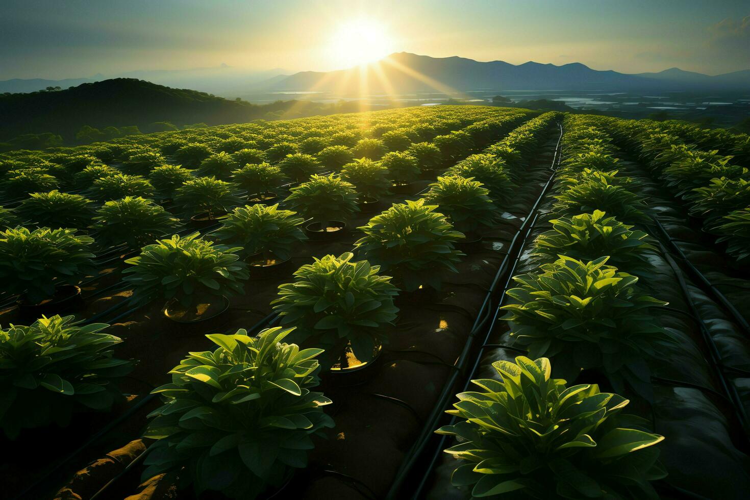 mooi visie van een thee veld- plantage, wijngaard boerderij of aardbei tuin in de groen heuvels Bij zonsopkomst concept door ai gegenereerd foto