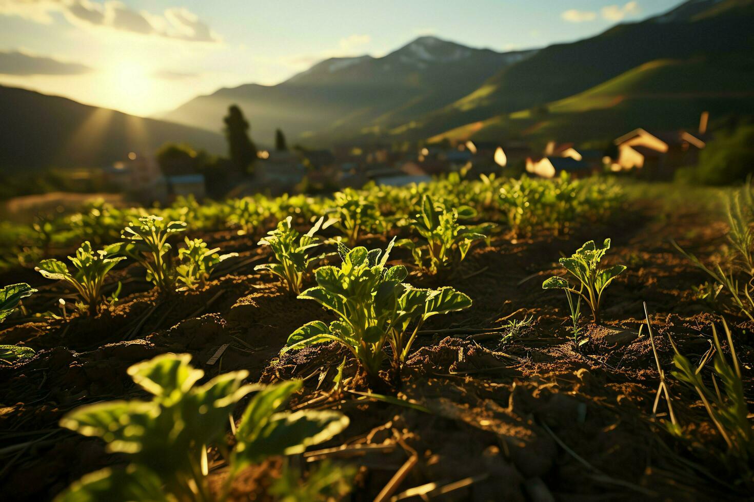 mooi visie van een thee veld- plantage, wijngaard boerderij of aardbei tuin in de groen heuvels Bij zonsopkomst concept door ai gegenereerd foto