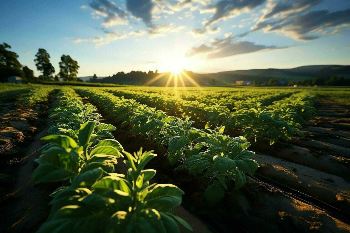 mooi visie van een thee veld- plantage, wijngaard boerderij of aardbei tuin in de groen heuvels Bij zonsopkomst concept door ai gegenereerd foto