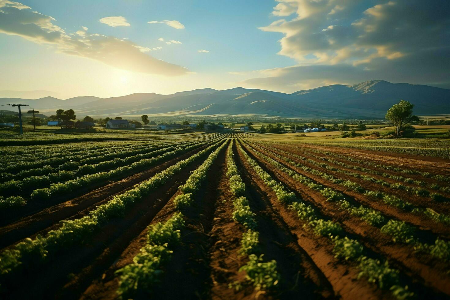 mooi visie van een thee veld- plantage, wijngaard boerderij of aardbei tuin in de groen heuvels Bij zonsopkomst concept door ai gegenereerd foto