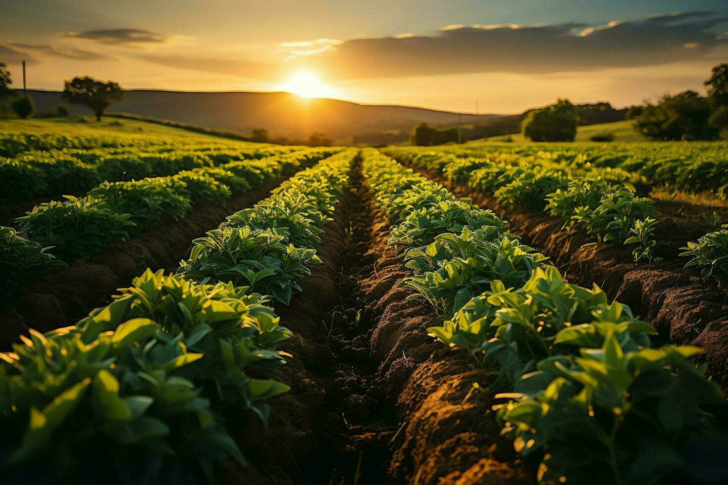 mooi visie van een thee veld- plantage, wijngaard boerderij of aardbei tuin in de groen heuvels Bij zonsopkomst concept door ai gegenereerd foto