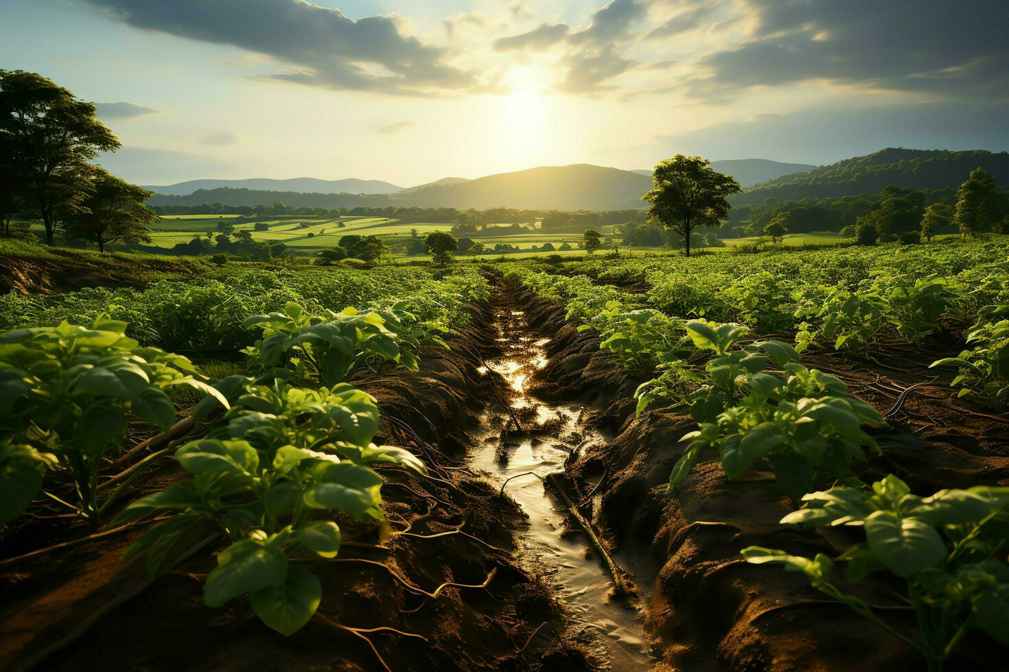 mooi visie van een thee veld- plantage, wijngaard boerderij of aardbei tuin in de groen heuvels Bij zonsopkomst concept door ai gegenereerd foto