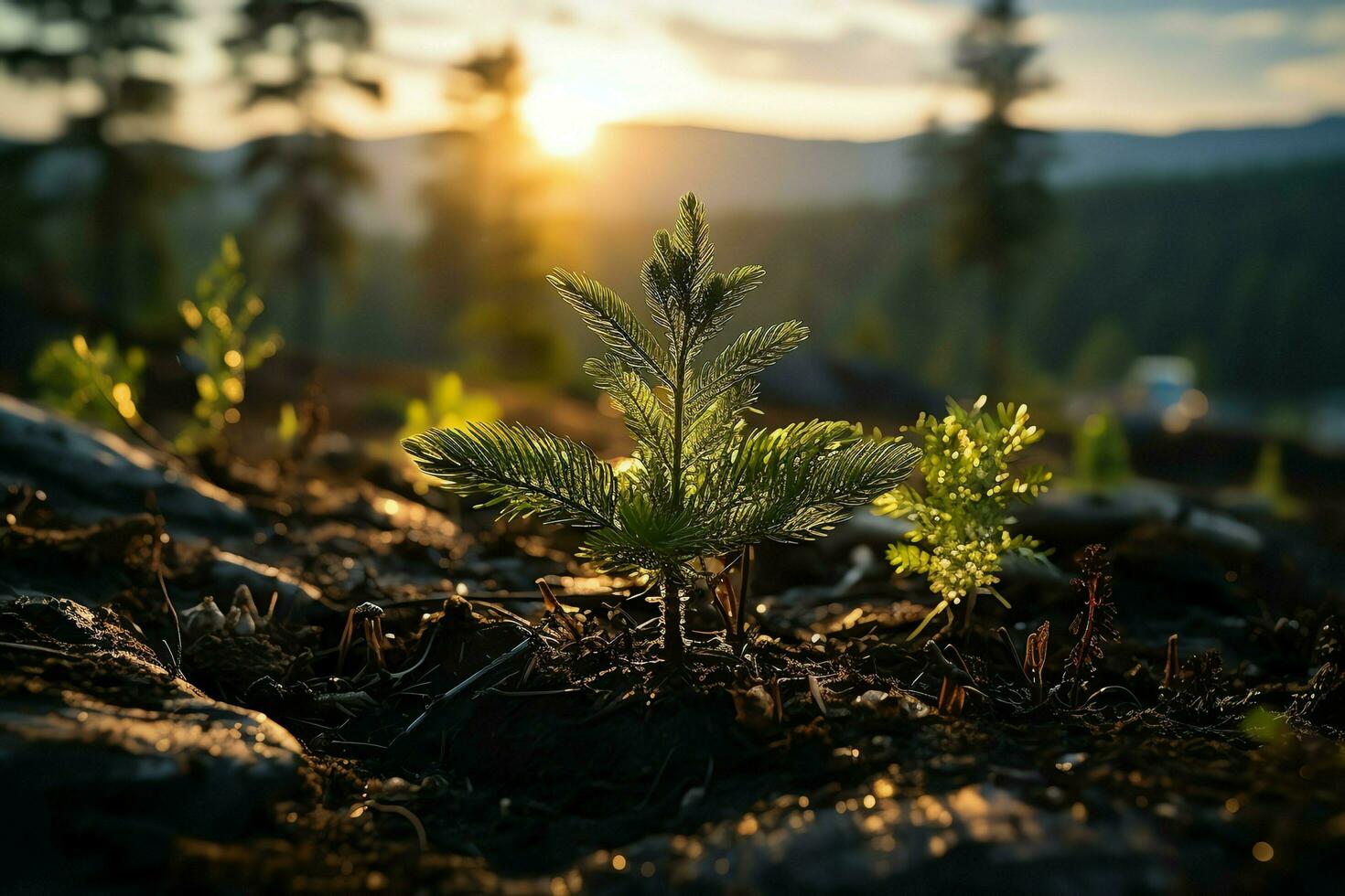 mooi visie van een thee veld- plantage, wijngaard boerderij of aardbei tuin in de groen heuvels Bij zonsopkomst concept door ai gegenereerd foto