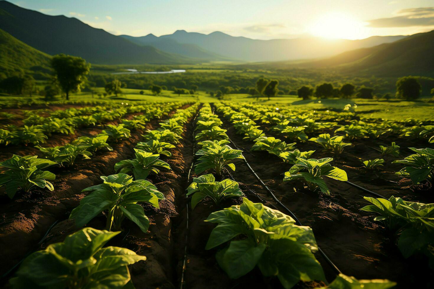 mooi visie van een thee veld- plantage, wijngaard boerderij of aardbei tuin in de groen heuvels Bij zonsopkomst concept door ai gegenereerd foto