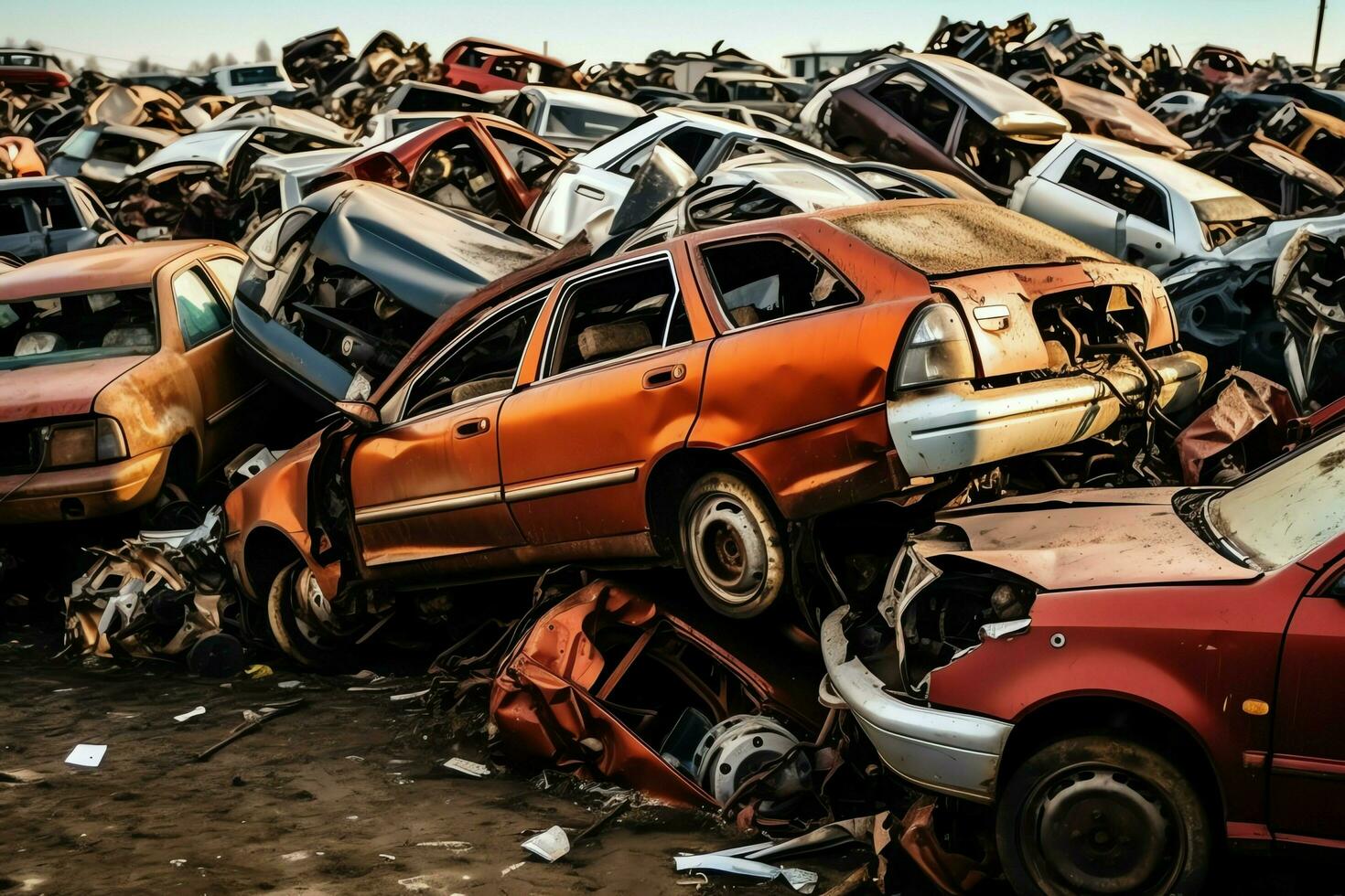 roesten oud rommel auto's met milieu verontreiniging in autokerkhof voor recyclen. verlaten auto verspilling concept door ai gegenereerd foto