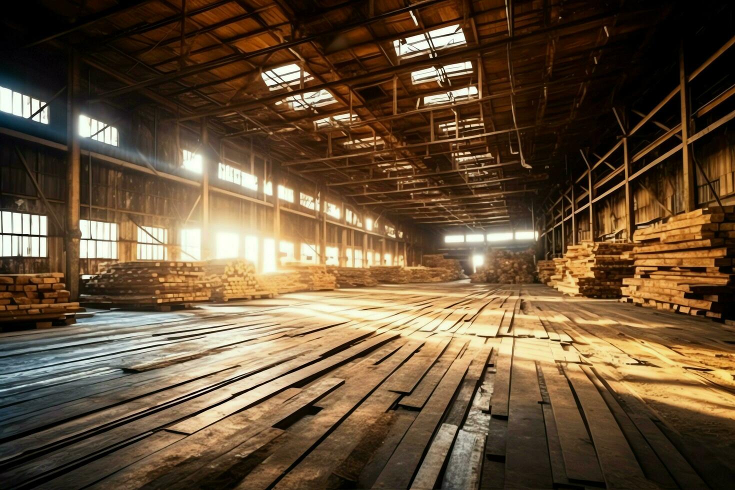 houten plank of bord in de timmerhout molen industrie. stack van logboeken en hout in de zagerij productie concept door ai gegenereerd foto