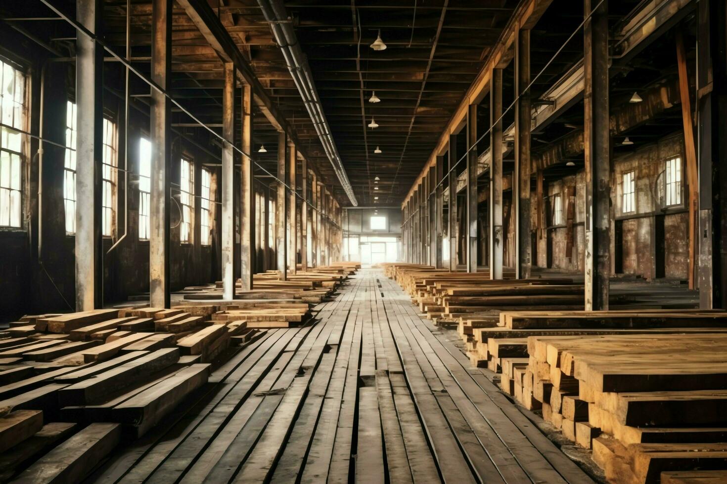 houten plank of bord in de timmerhout molen industrie. stack van logboeken en hout in de zagerij productie concept door ai gegenereerd foto