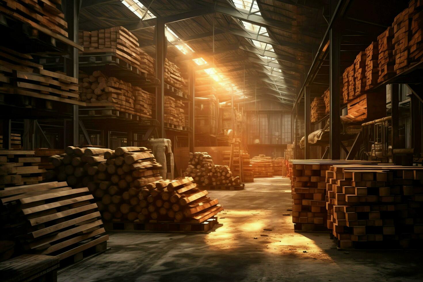 houten plank of bord in de timmerhout molen industrie. stack van logboeken en hout in de zagerij productie concept door ai gegenereerd foto