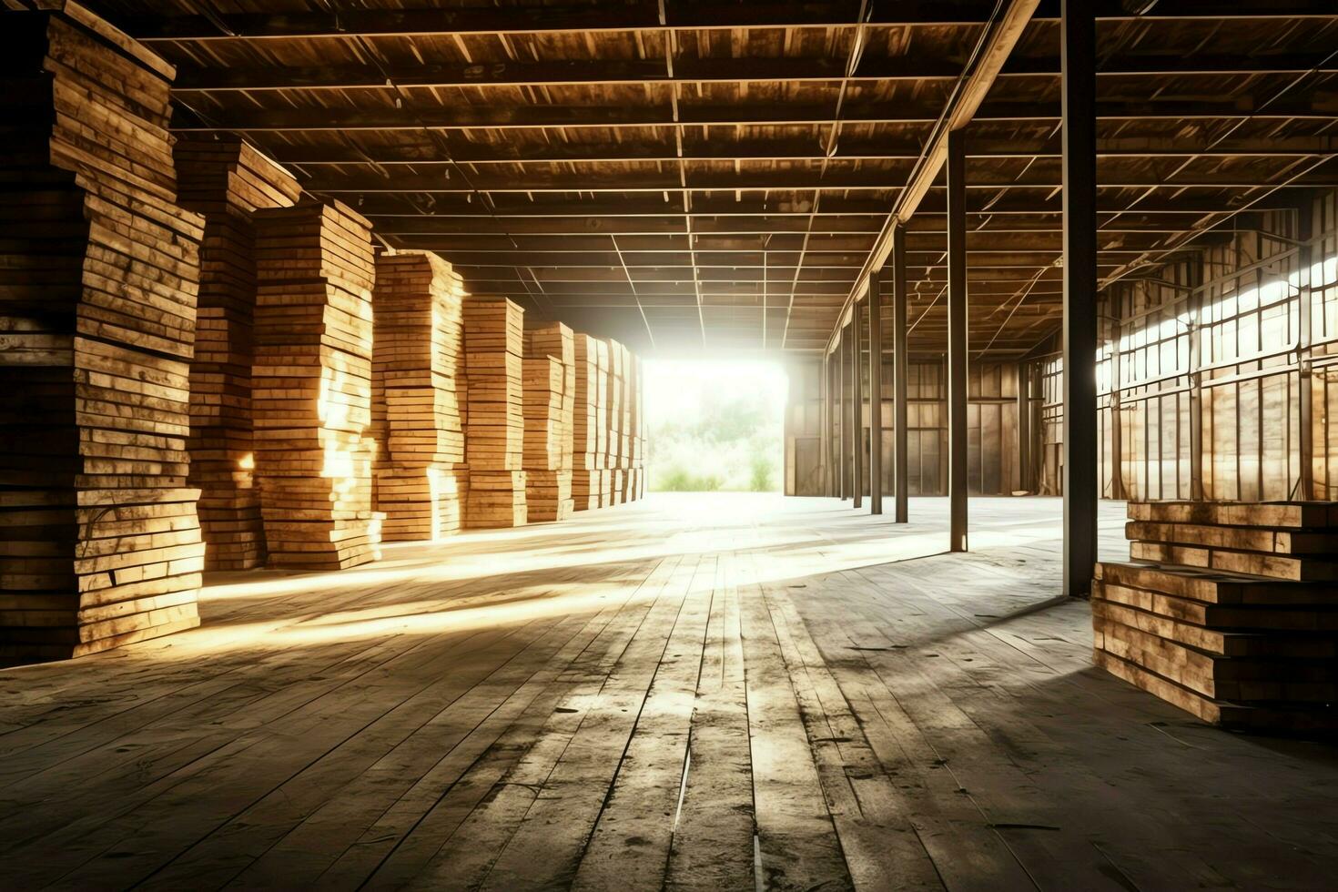 houten plank of bord in de timmerhout molen industrie. stack van logboeken en hout in de zagerij productie concept door ai gegenereerd foto