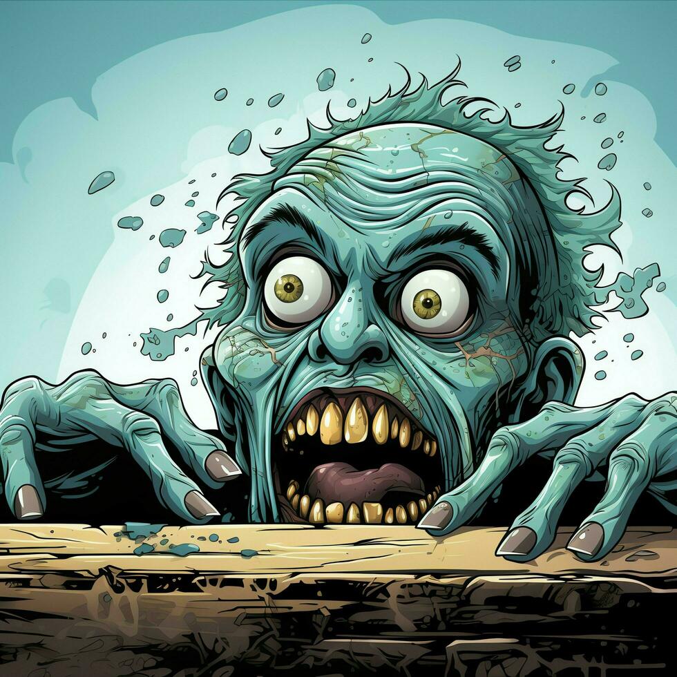 een griezelig zombie in tekenfilm stijl. een eng zombie opstanding en kruipen voor halloween viering. halloween concept door ai gegenereerd foto