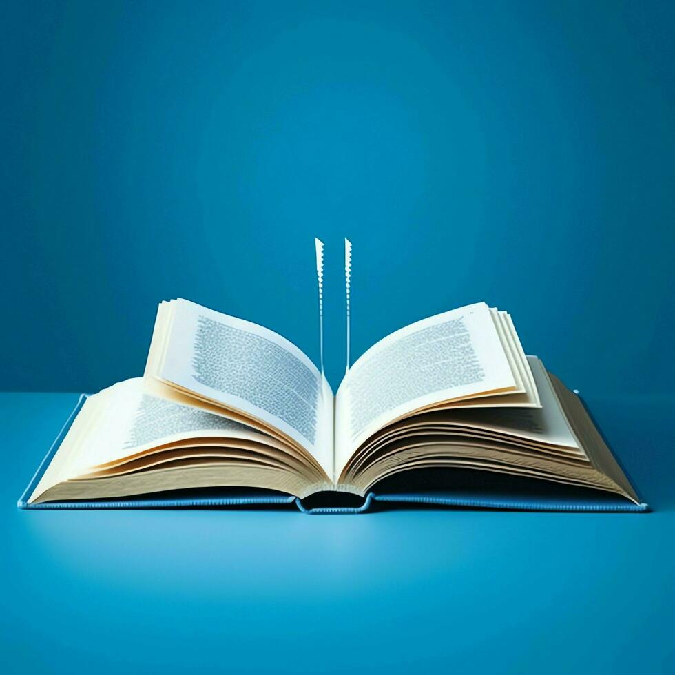 overhead visie van Open boek met leeg blanco wit Pagina's. notitieboekje samenstelling voor catalogus, tijdschriften concept door ai gegenereerd foto