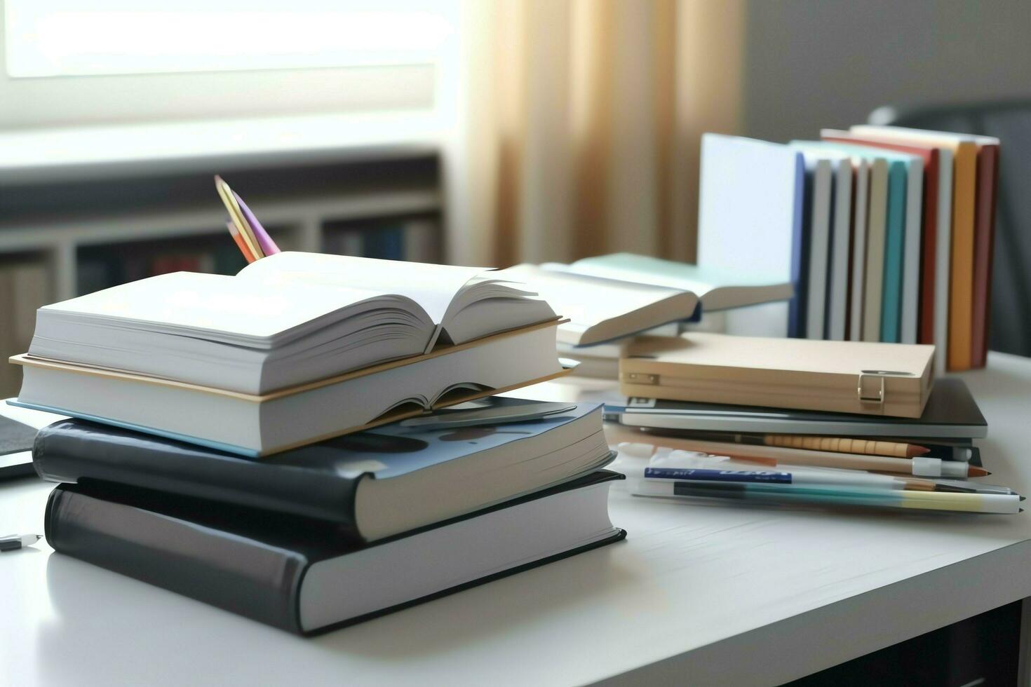 een boek stapel dichtbij omhoog Aan een studie bureau. voorkant visie stapel boek. voor festival van wereld boek dag, nationaal boek dag of nationaal onderwijs dag. stack van kleurrijk boeken Aan studie tafel door ai gegenereerd foto