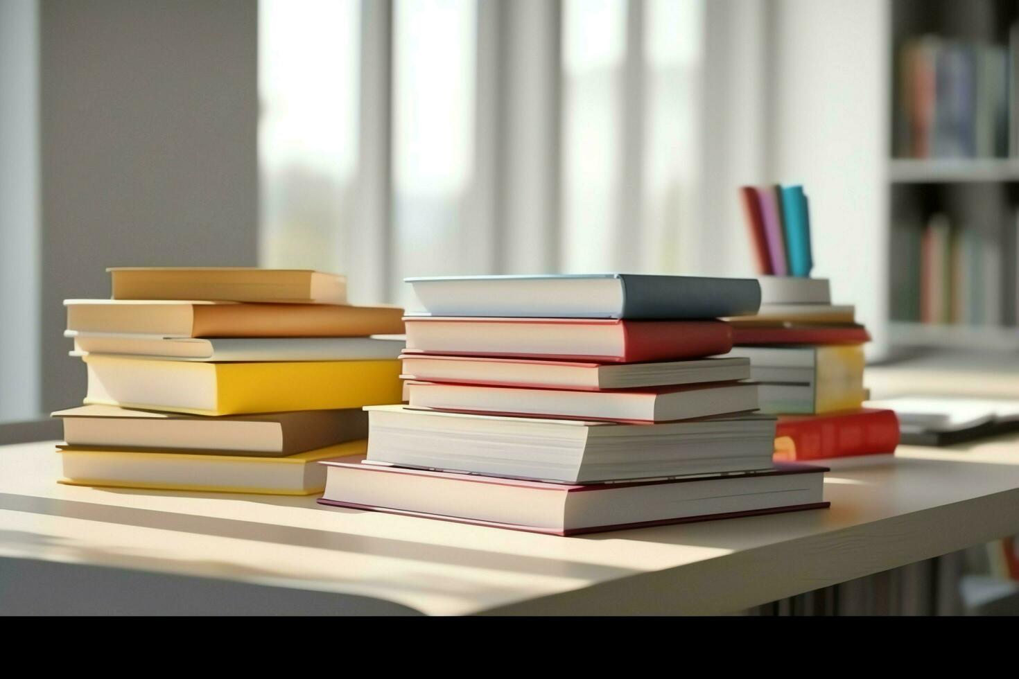 een boek stapel dichtbij omhoog Aan een studie bureau. voorkant visie stapel boek. voor festival van wereld boek dag, nationaal boek dag of nationaal onderwijs dag. stack van kleurrijk boeken Aan studie tafel door ai gegenereerd foto