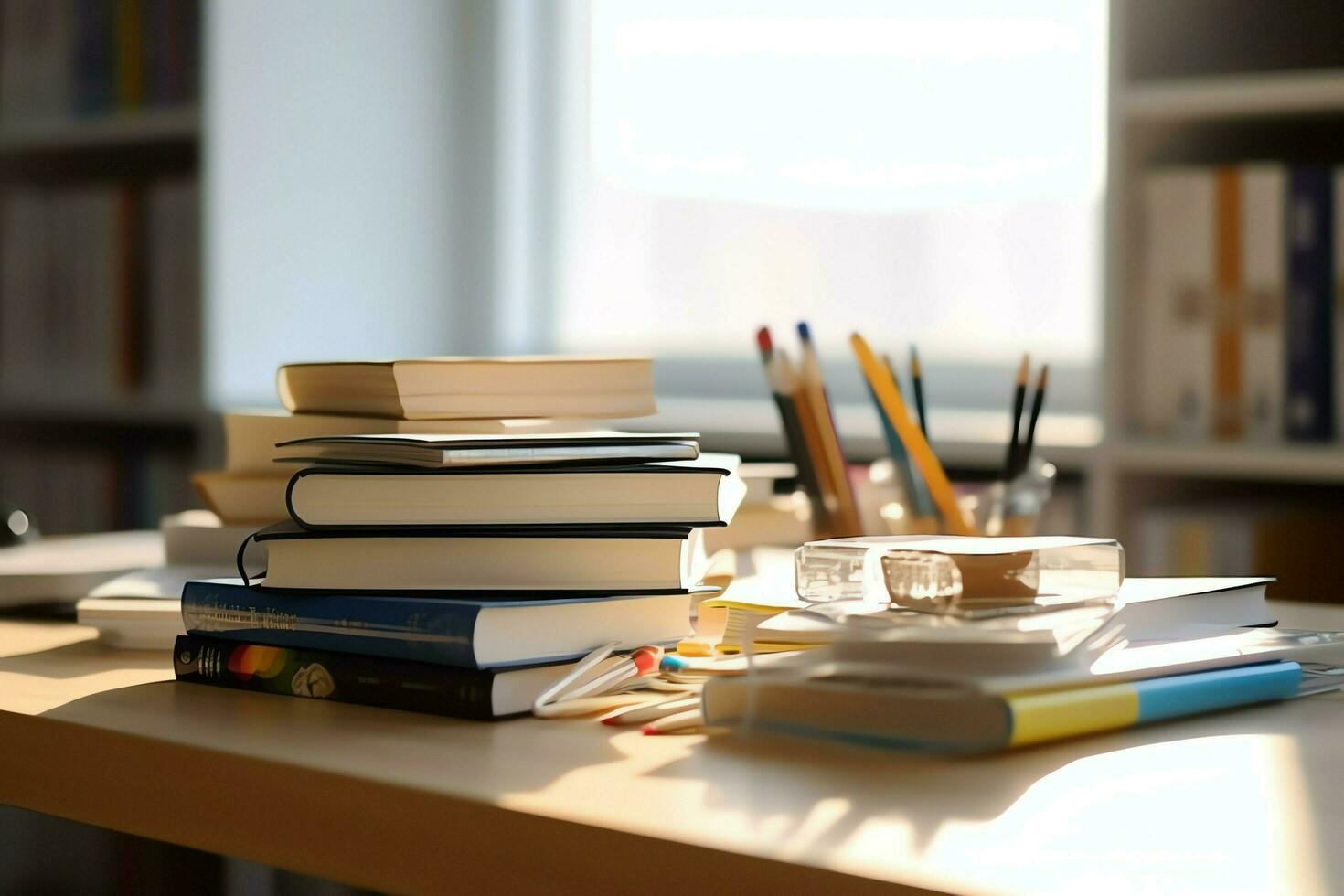 een boek stapel dichtbij omhoog Aan een studie bureau. voorkant visie stapel boek. voor festival van wereld boek dag, nationaal boek dag of nationaal onderwijs dag. stack van kleurrijk boeken Aan studie tafel door ai gegenereerd foto