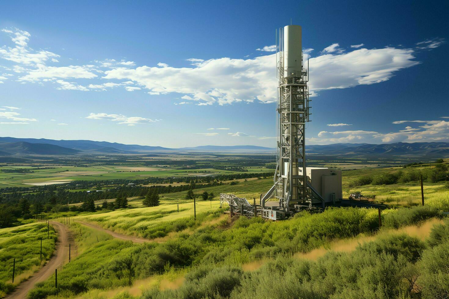 mooi visie hoog Spanning elektrisch of telecommunicatie antenne draadloze toren met groen veld- concept door ai gegenereerd foto