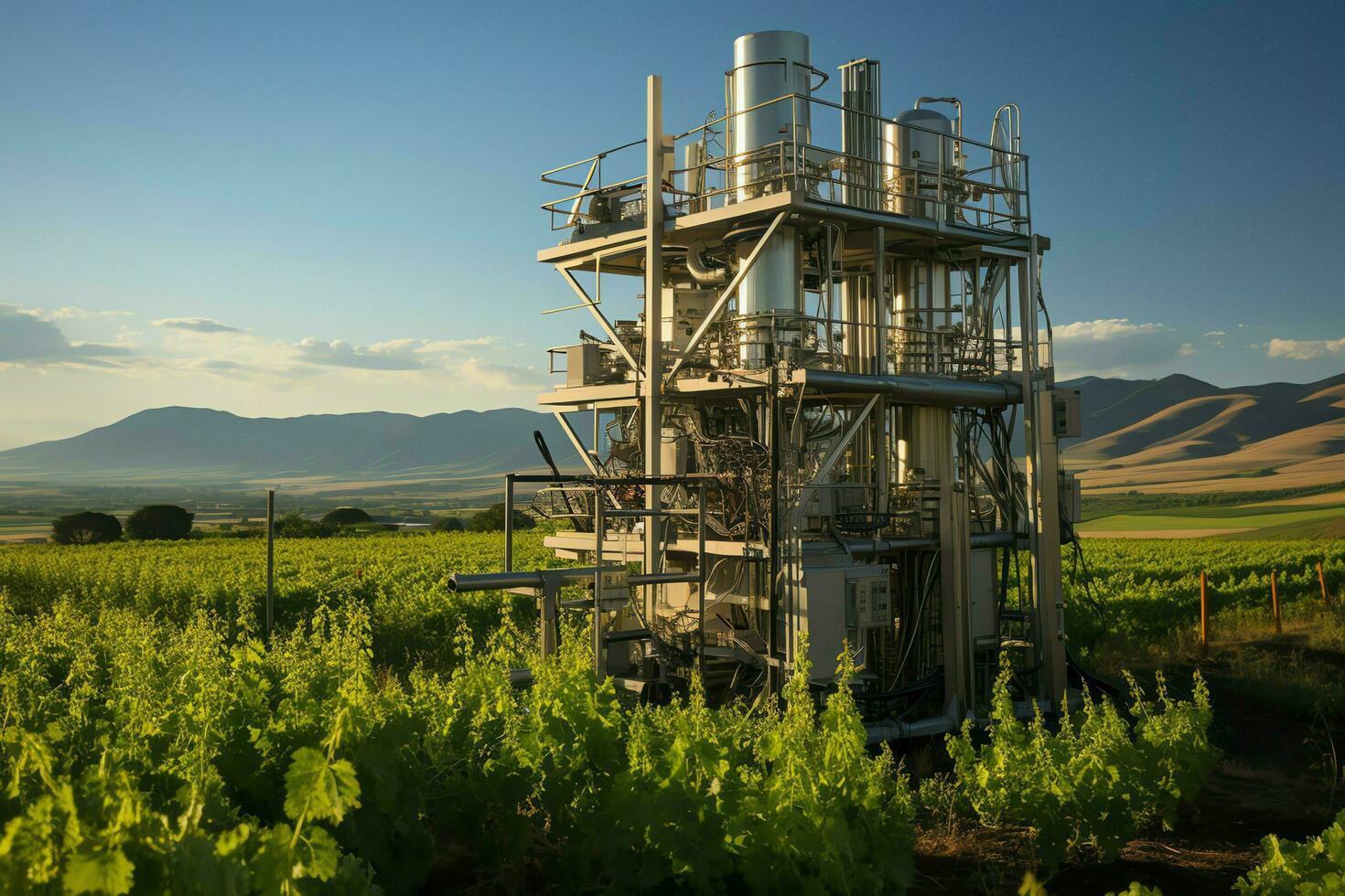 mooi visie hoog Spanning elektrisch of telecommunicatie antenne draadloze toren met groen veld- concept door ai gegenereerd foto