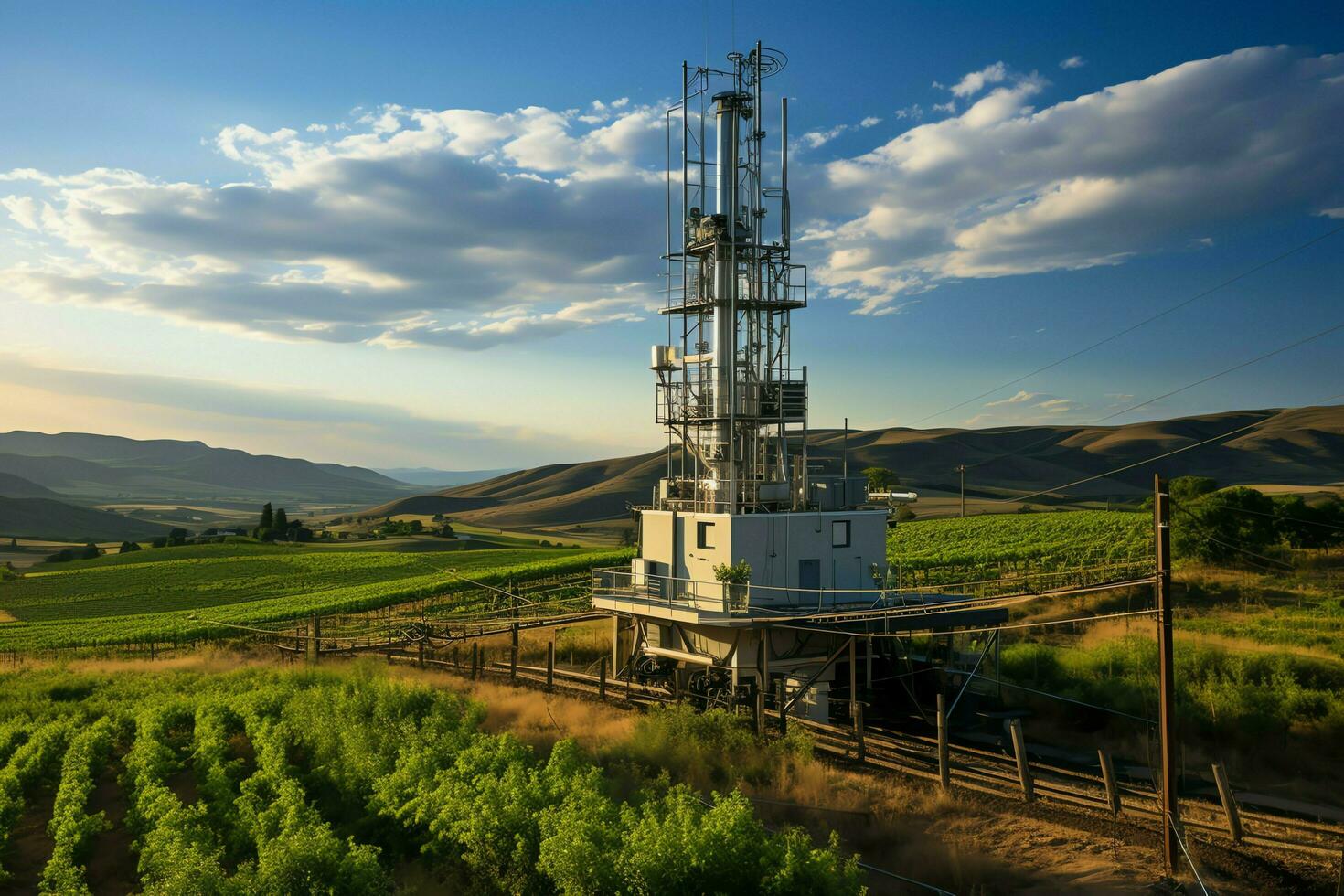 mooi visie hoog Spanning elektrisch of telecommunicatie antenne draadloze toren met groen veld- concept door ai gegenereerd foto