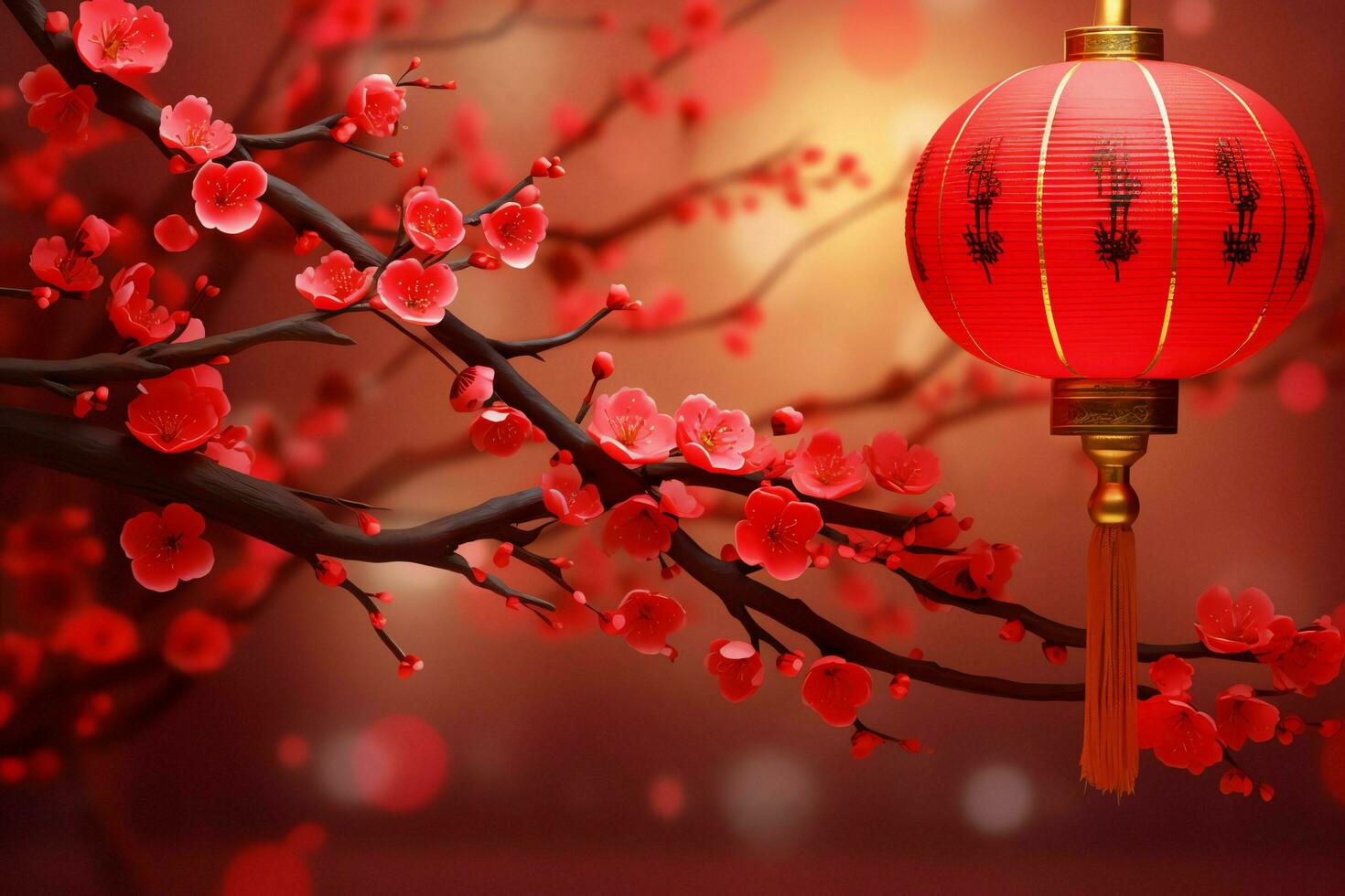 Chinese nieuw jaar achtergrond met traditioneel lantaarns, sakura bloemen en kopiëren ruimte. maan- nieuw jaar concept door ai gegenereerd foto