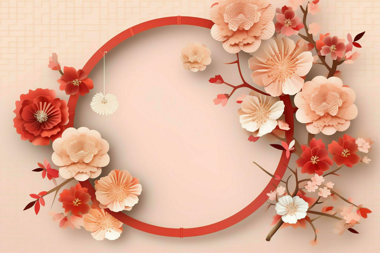 Chinese nieuw jaar achtergrond met traditioneel lantaarns, sakura bloemen en kopiëren ruimte. maan- nieuw jaar concept door ai gegenereerd foto