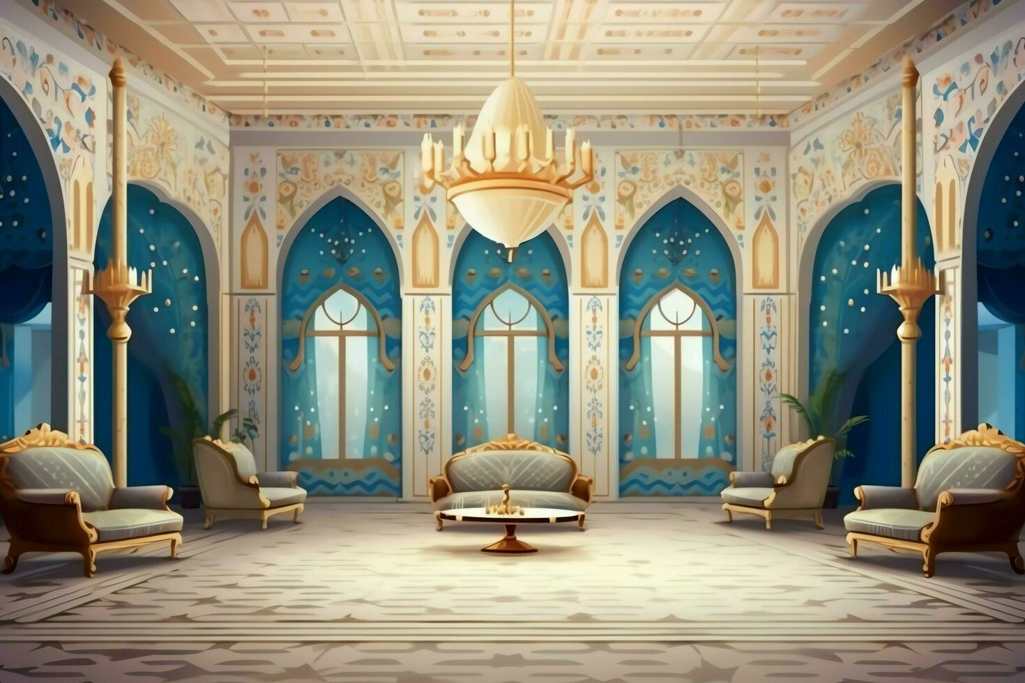 heel luxueus kamer en groot met muren versierd met Marokkaans mozaïek. kamer in traditioneel Islamitisch concept door ai gegenereerd foto