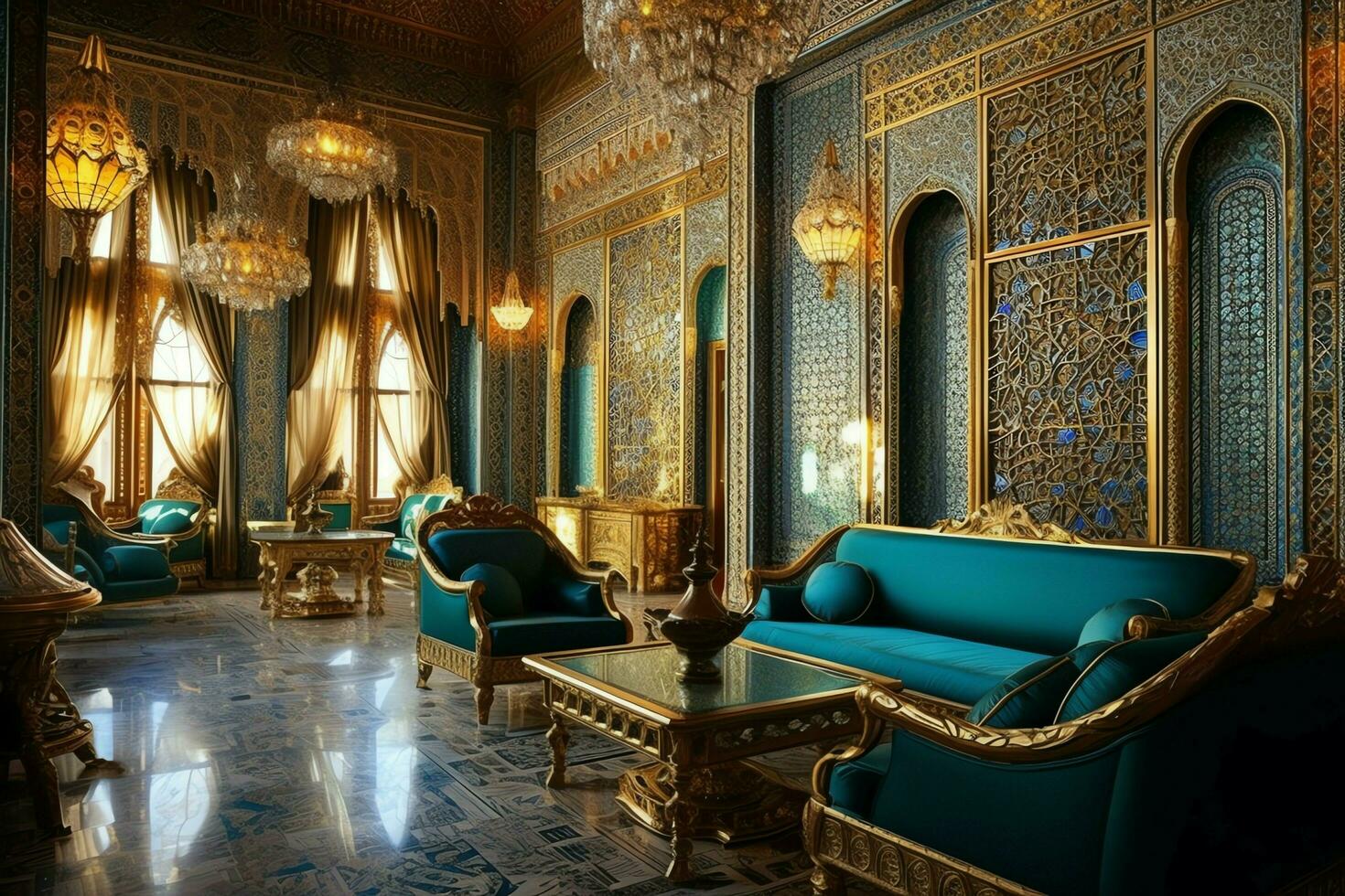 heel luxueus kamer en groot met muren versierd met Marokkaans mozaïek. kamer in traditioneel Islamitisch concept door ai gegenereerd foto