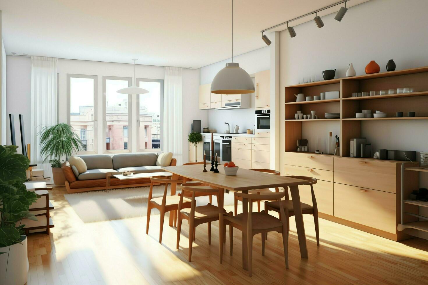 modern appartement interieur in leven ontwerp met werken tafel en boekenplank. luxe huis Scandinavisch concept door ai gegenereerd foto