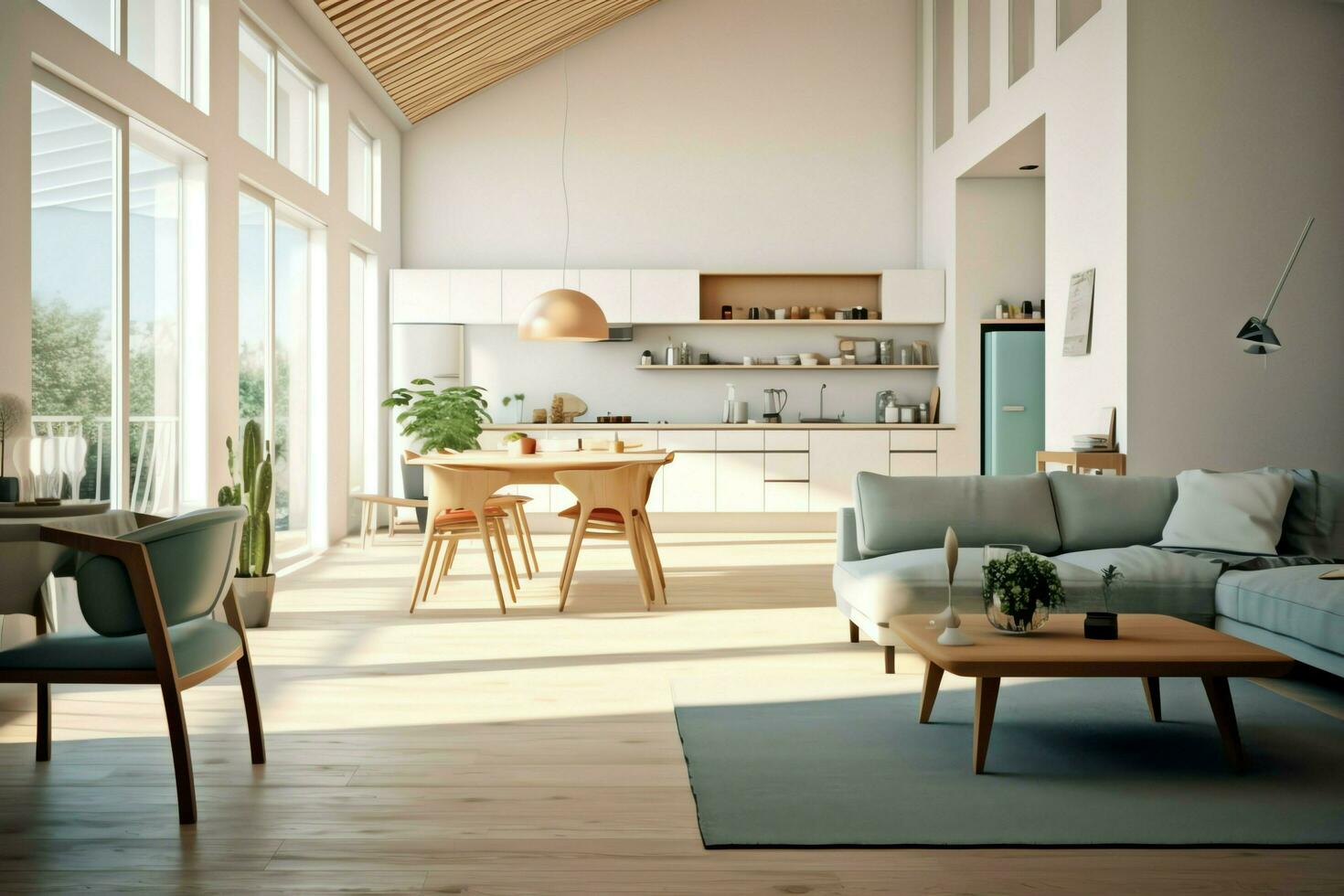 modern appartement interieur in leven ontwerp met werken tafel en boekenplank. luxe huis Scandinavisch concept door ai gegenereerd foto