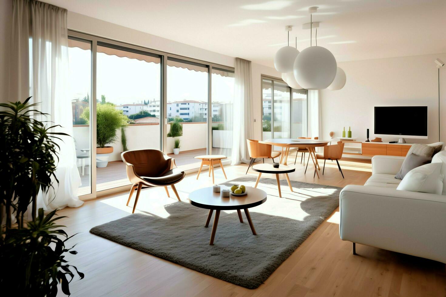 modern appartement interieur in leven ontwerp met werken tafel en boekenplank. luxe huis Scandinavisch concept door ai gegenereerd foto