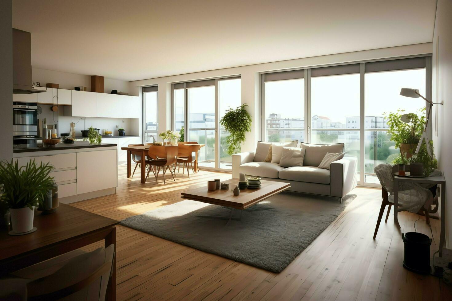 modern appartement interieur in leven ontwerp met werken tafel en boekenplank. luxe huis Scandinavisch concept door ai gegenereerd foto