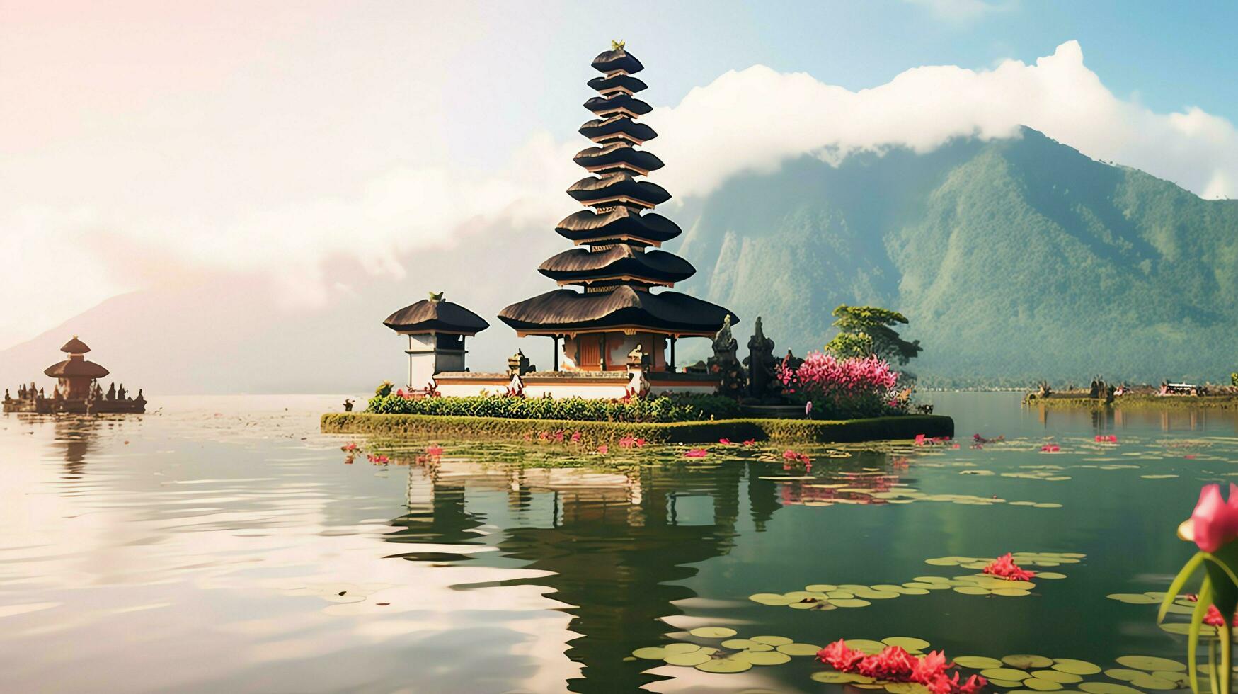 oude pura ulun danu bratan, besakih of beroemd Hindoe tempel en toerist in Bali eiland Bij zonsopkomst concept door ai gegenereerd foto