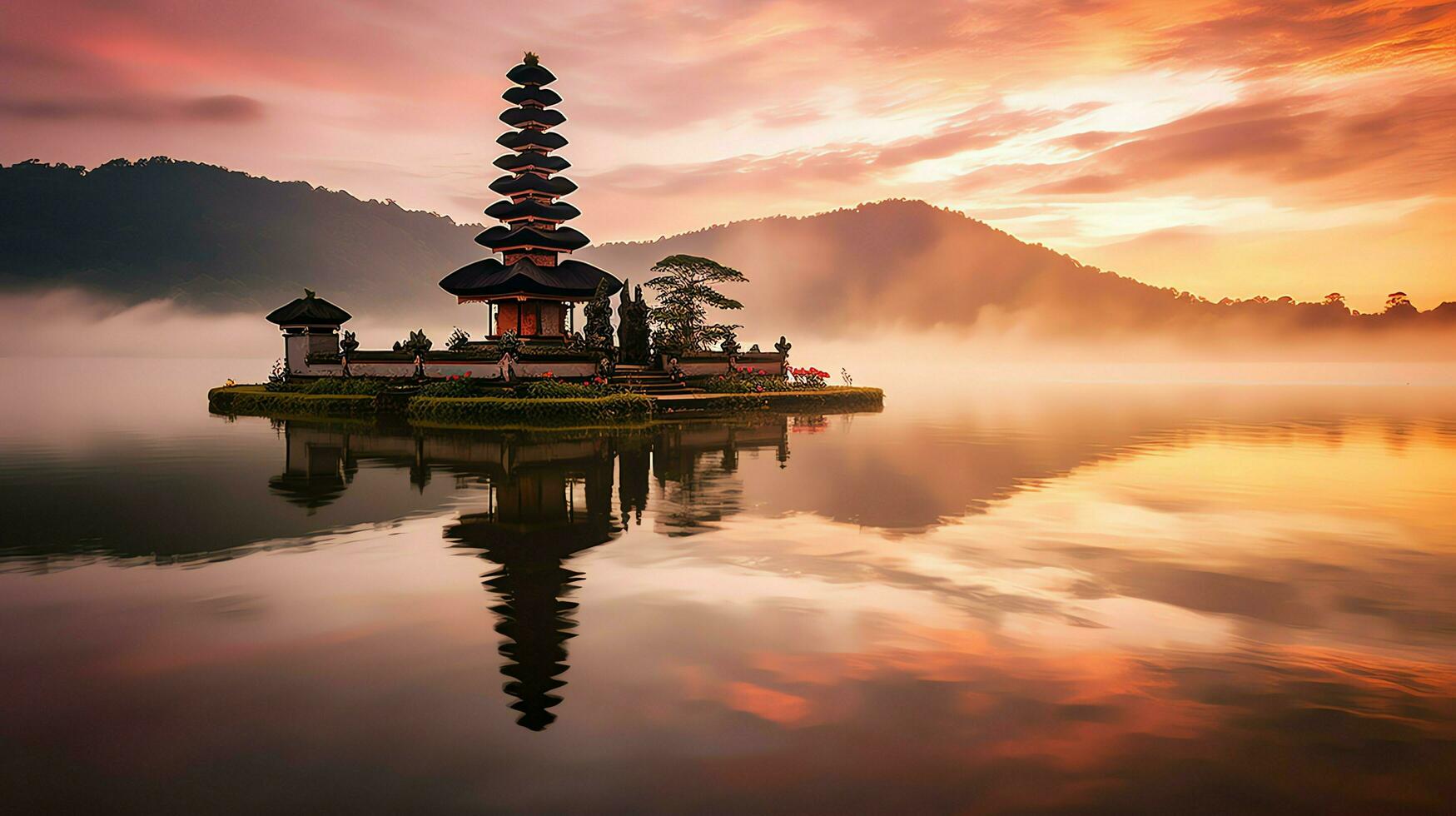 oude pura ulun danu bratan, besakih of beroemd Hindoe tempel en toerist in Bali eiland Bij zonsopkomst concept door ai gegenereerd foto