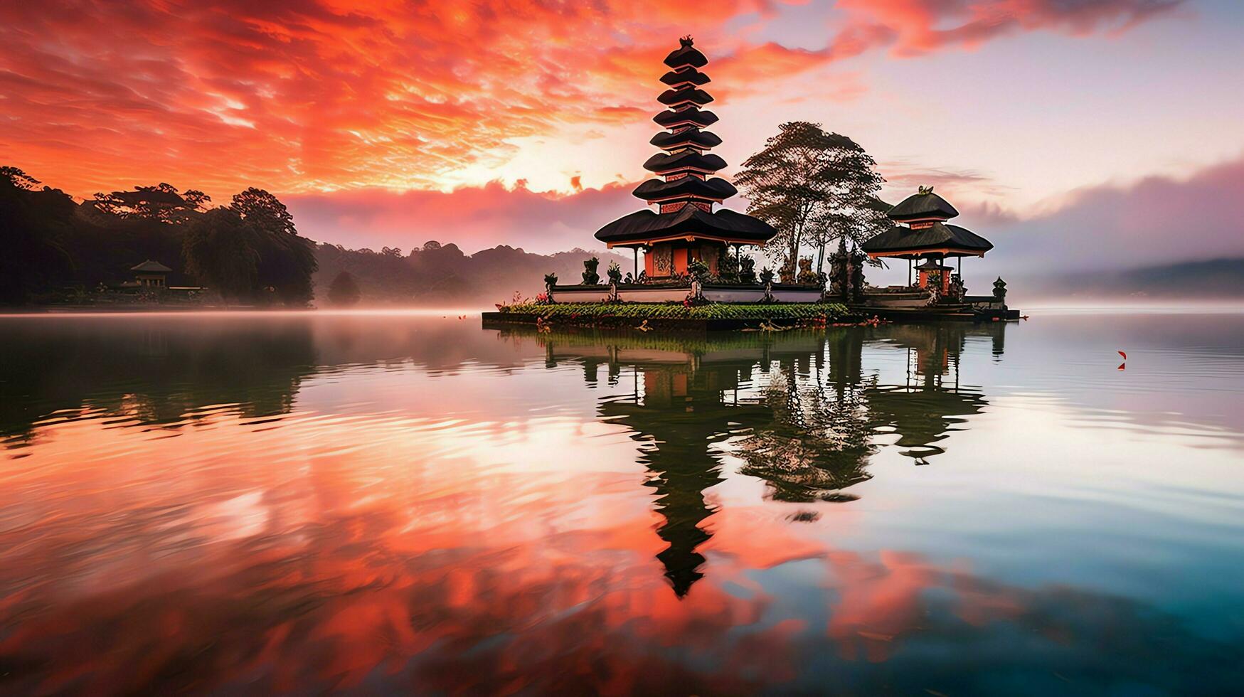 oude pura ulun danu bratan, besakih of beroemd Hindoe tempel en toerist in Bali eiland Bij zonsopkomst concept door ai gegenereerd foto