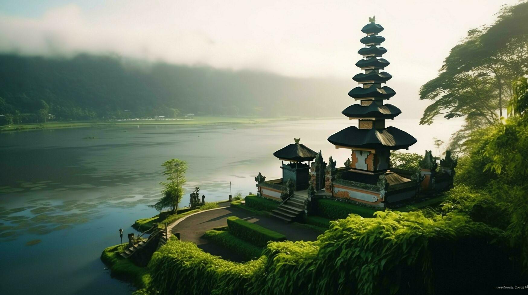 oude pura ulun danu bratan, besakih of beroemd Hindoe tempel en toerist in Bali eiland Bij zonsopkomst concept door ai gegenereerd foto