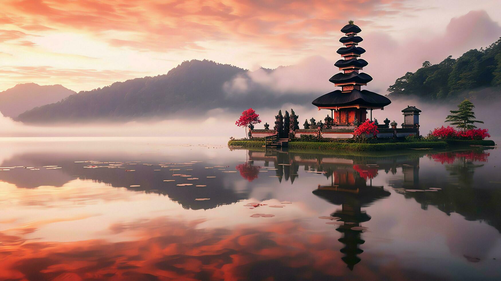 oude pura ulun danu bratan, besakih of beroemd Hindoe tempel en toerist in Bali eiland Bij zonsopkomst concept door ai gegenereerd foto