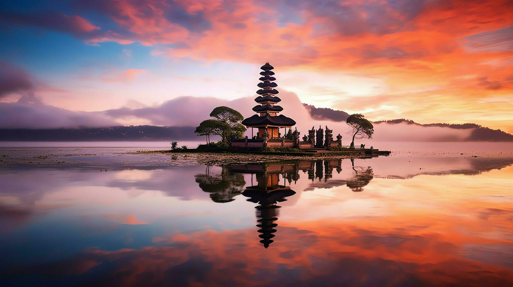 oude pura ulun danu bratan, besakih of beroemd Hindoe tempel en toerist in Bali eiland Bij zonsopkomst concept door ai gegenereerd foto