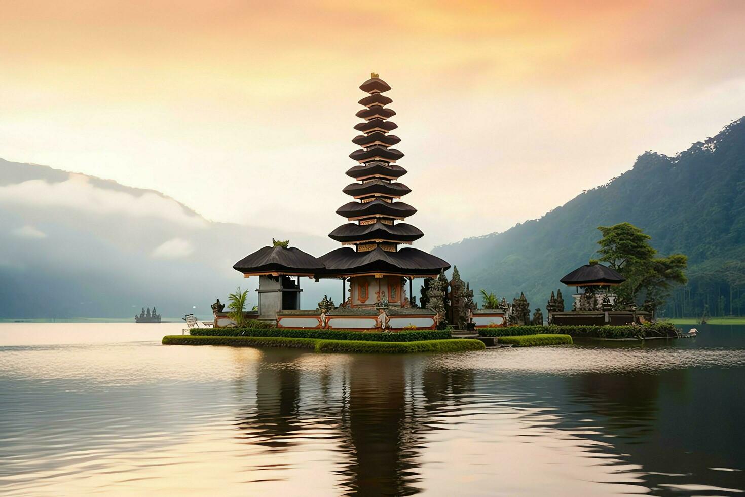 oude pura ulun danu bratan, besakih of beroemd Hindoe tempel en toerist in Bali eiland Bij zonsopkomst concept door ai gegenereerd foto