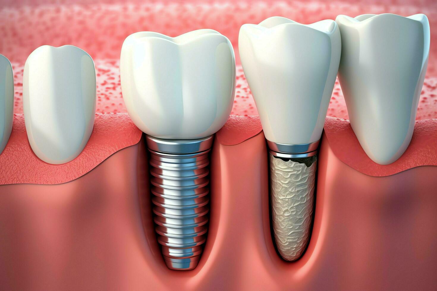 dichtbij omhoog van een tandheelkundig tand implantaat of gezond menselijk tanden. wit glazuur en tandheelkundig implantaten chirurgie concept door ai gegenereerd foto