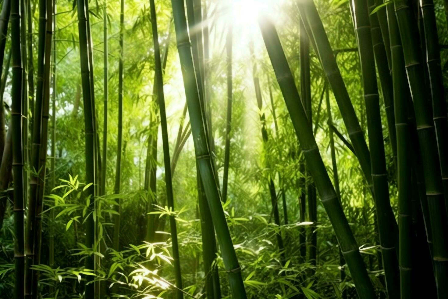 visie van botanisch groen bamboe tropisch Woud in daglicht. oosters bamboe bosje in China Japans concept door ai gegenereerd foto