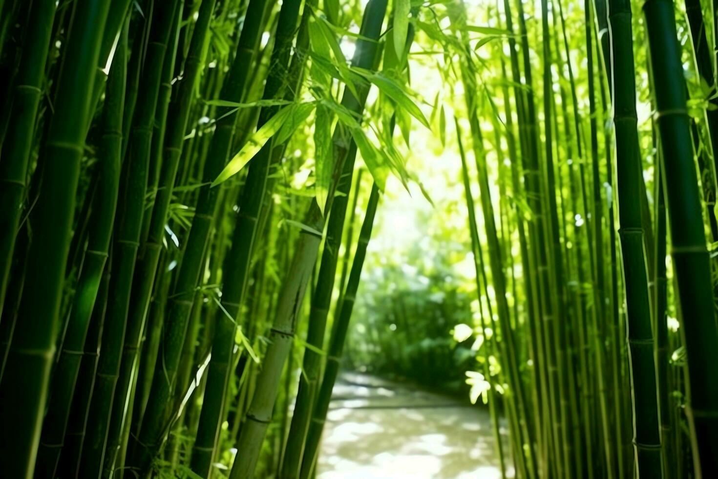 visie van botanisch groen bamboe tropisch Woud in daglicht. oosters bamboe bosje in China Japans concept door ai gegenereerd foto