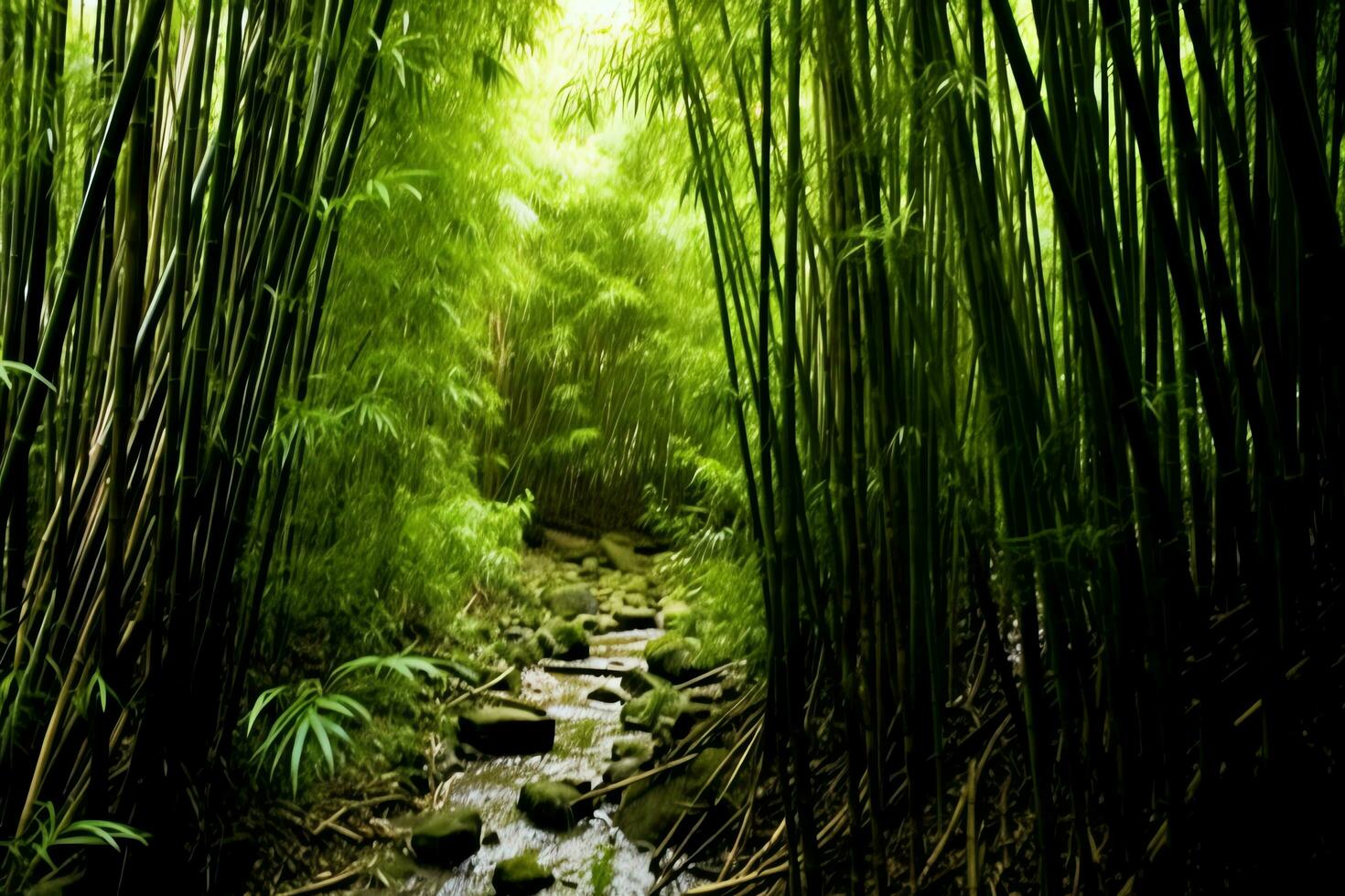 visie van botanisch groen bamboe tropisch Woud in daglicht. oosters bamboe bosje in China Japans concept door ai gegenereerd foto