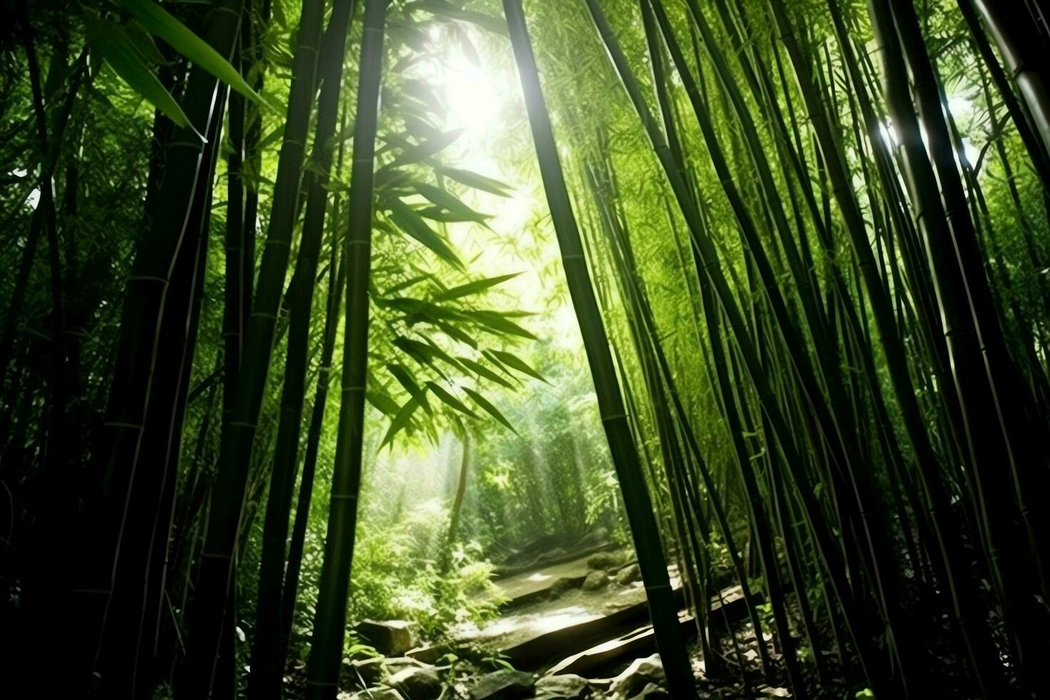 visie van botanisch groen bamboe tropisch Woud in daglicht. oosters bamboe bosje in China Japans concept door ai gegenereerd foto