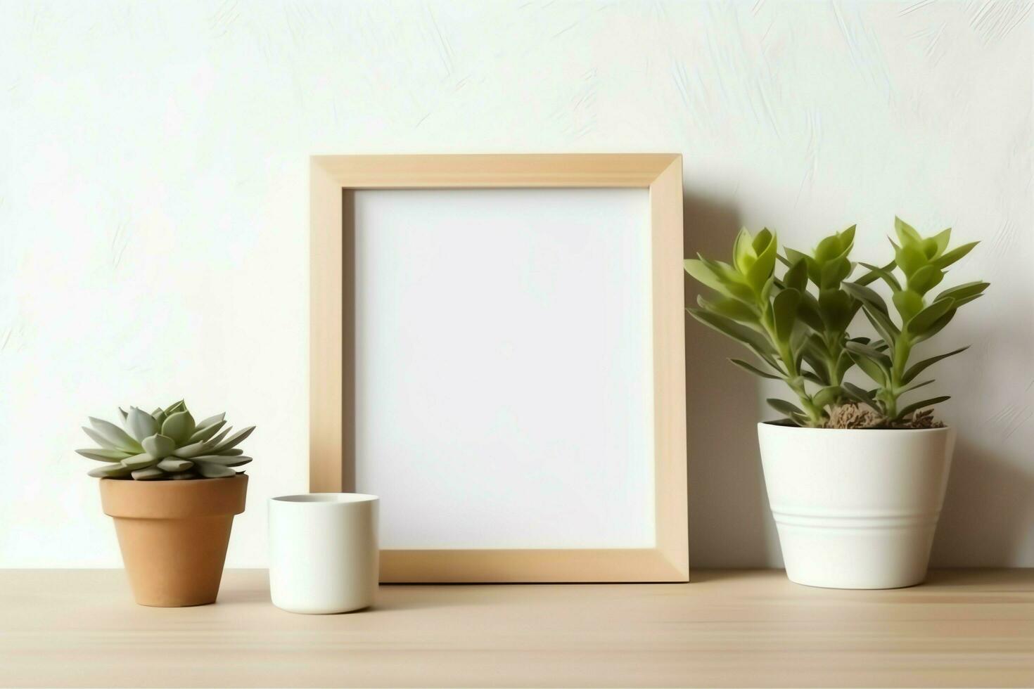 kader bespotten omhoog van blanco afbeelding staand Aan een plank met sappig fabriek of cactus in Scandinavisch concept door ai gegenereerd foto