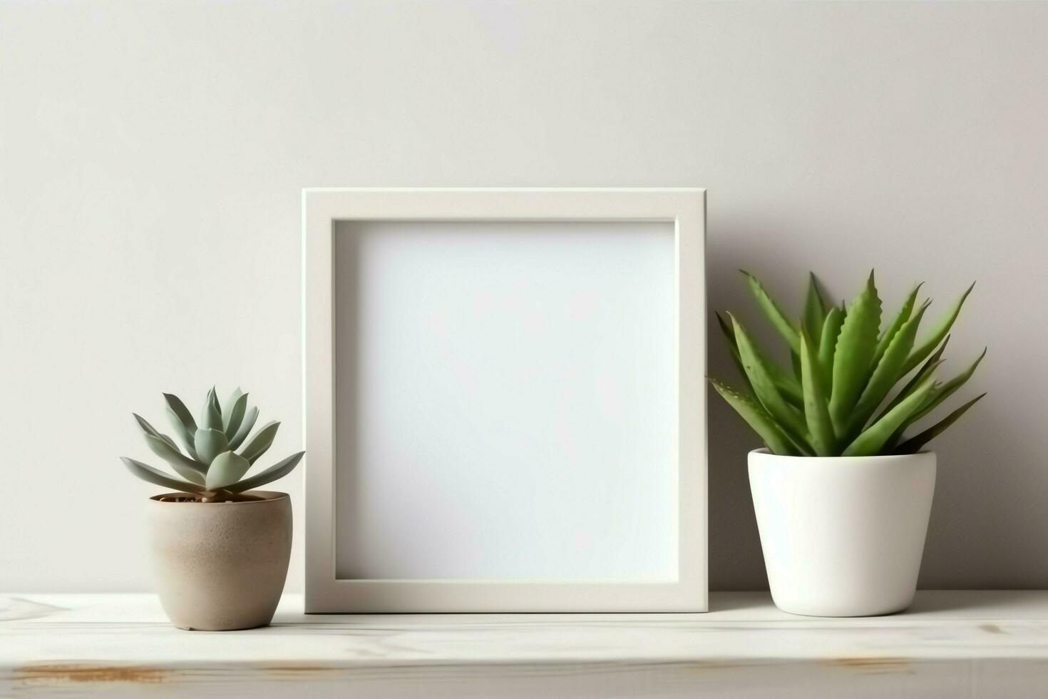 kader bespotten omhoog van blanco afbeelding staand Aan een plank met sappig fabriek of cactus in Scandinavisch concept door ai gegenereerd foto