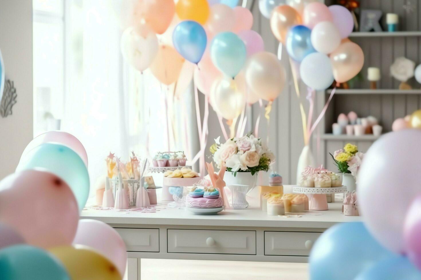 feestelijk verjaardag partij decoraties Aan tafel met taart, Cadeau dozen en ballonnen Aan pastel kleur concept door ai gegenereerd foto