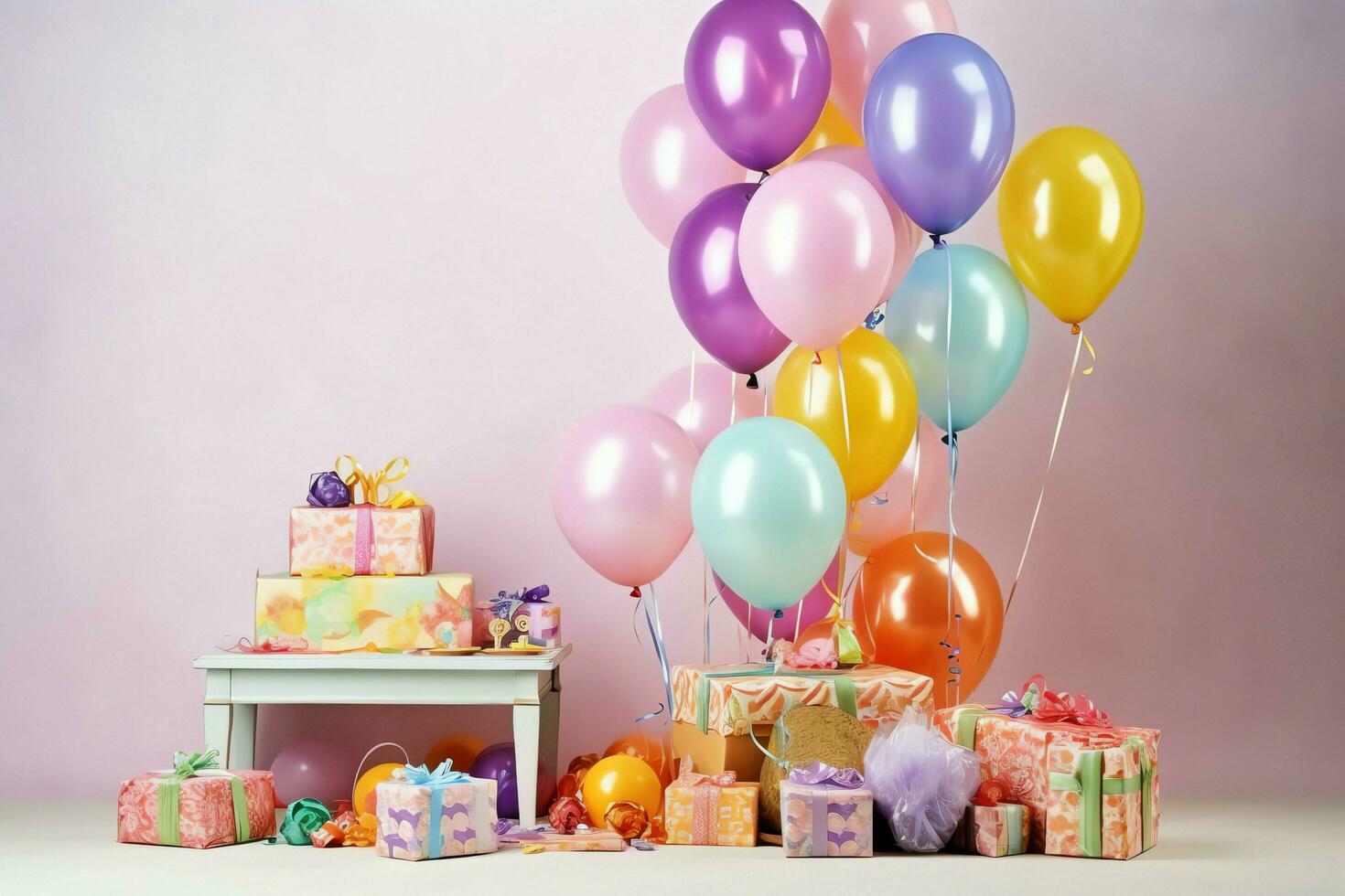 feestelijk verjaardag partij decoraties Aan tafel met taart, Cadeau dozen en ballonnen Aan pastel kleur concept door ai gegenereerd foto