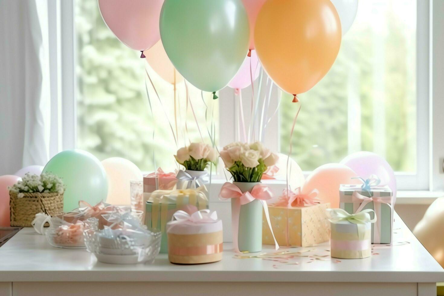 feestelijk verjaardag partij decoraties Aan tafel met taart, Cadeau dozen en ballonnen Aan pastel kleur concept door ai gegenereerd foto