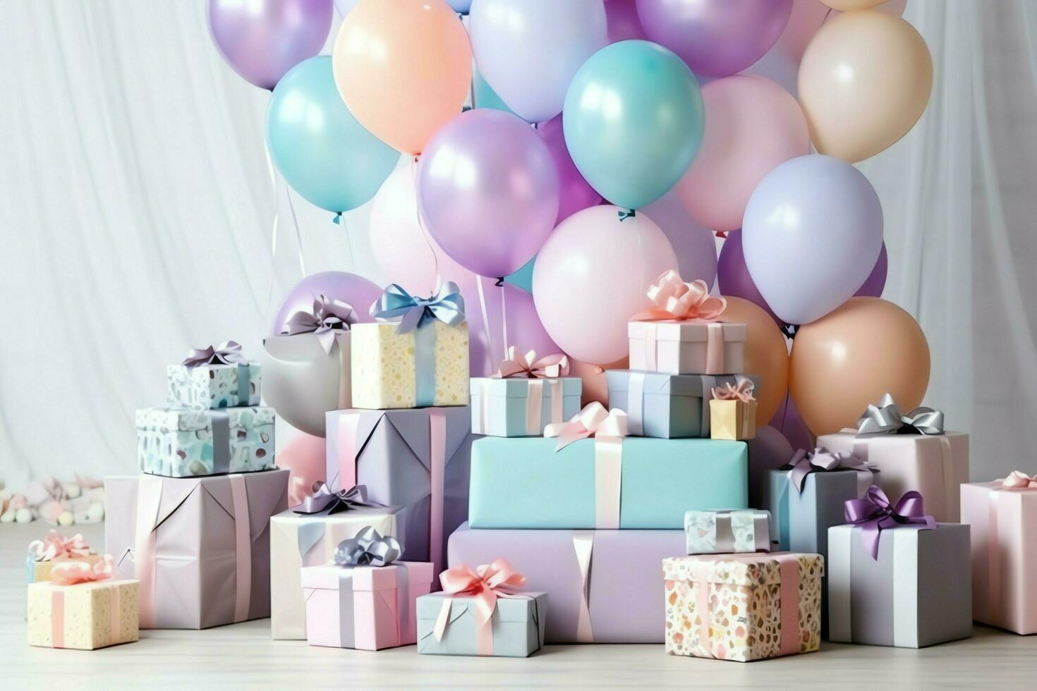 feestelijk verjaardag partij decoraties Aan tafel met taart, Cadeau dozen en ballonnen Aan pastel kleur concept door ai gegenereerd foto